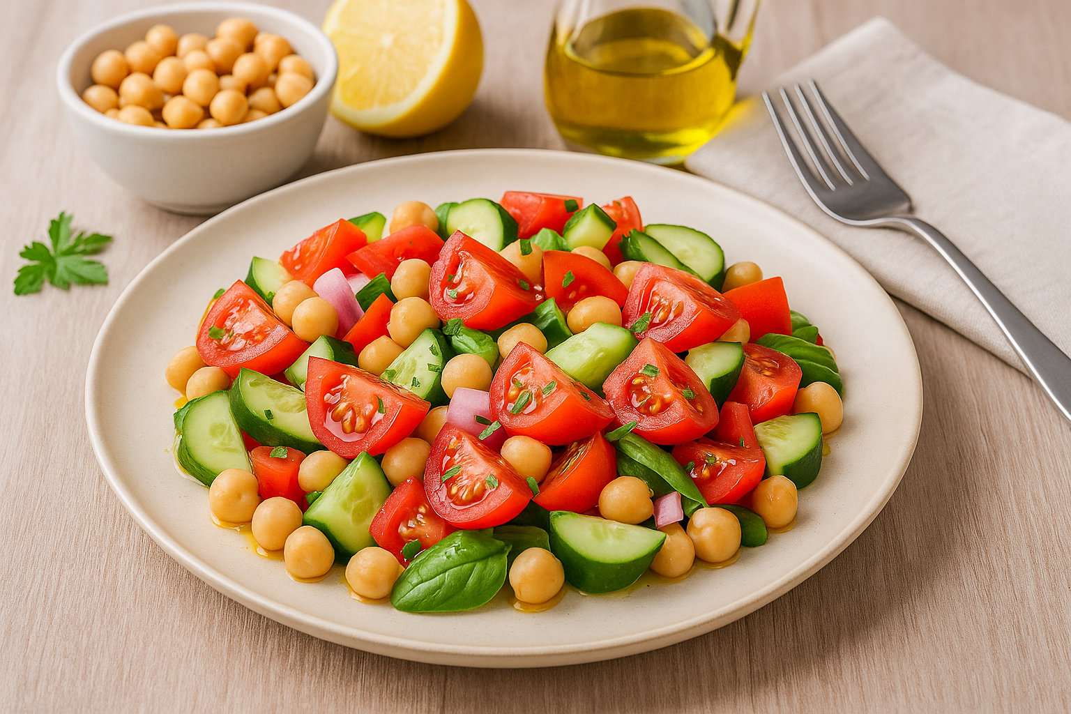 Insalata di farro con pomodorini, olive e legumi