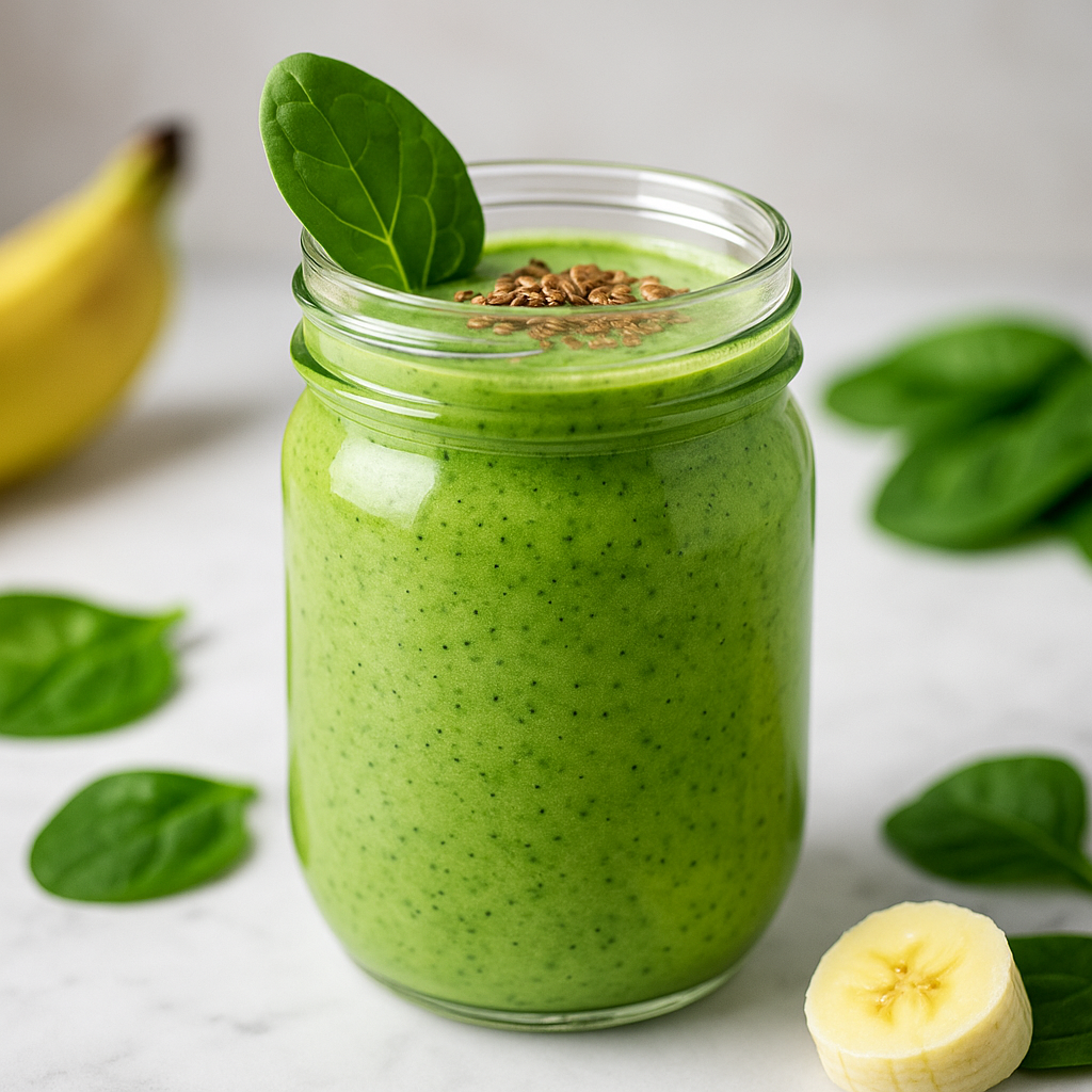 Smoothie verde con spinaci, banana e semi di lino